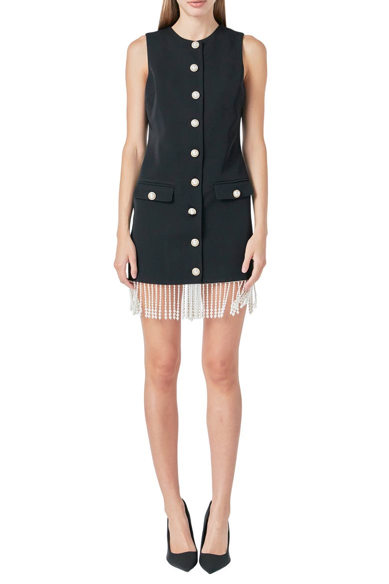 Imitation Pearl Beaded Fringe Button Front Minidress, Main, color, BLACK