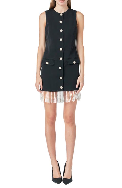 Imitation Pearl Beaded Fringe Button Front Minidress