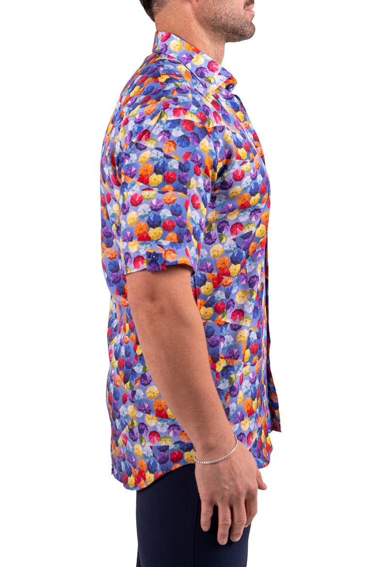 Galileo Resistance Umbrella Print Short Sleeve Button-Up Shirt, Alternate, color, BLUE