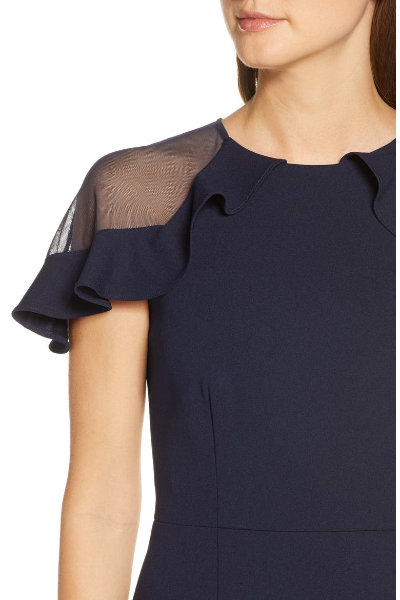 Sheer Ruffle Shoulder Cocktail Dress, Alternate, color, NAVY