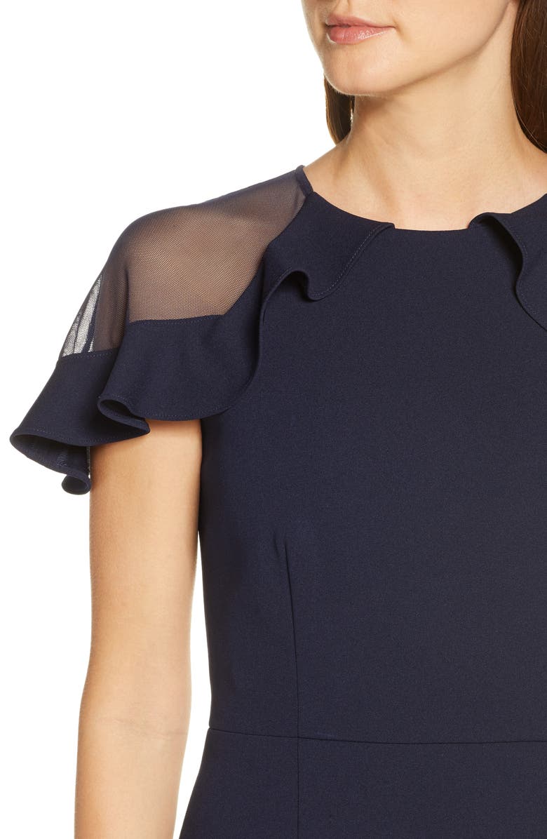 Eliza J Sheer Ruffle Shoulder Cocktail Dress, Alternate, color, Navy