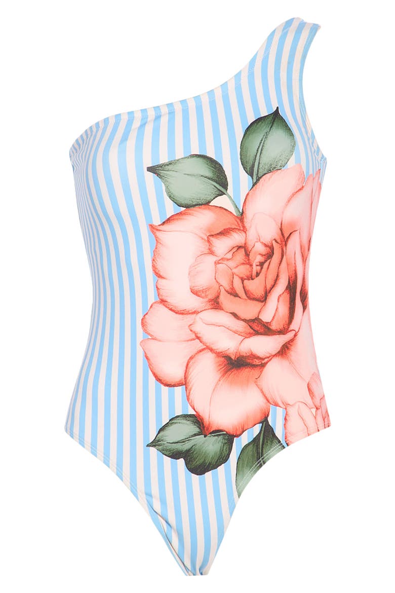 Placement Print One-Shoulder One-Piece Swimsuit, Alternate, color, CORAL STRIPED SPACIOUS ROSE