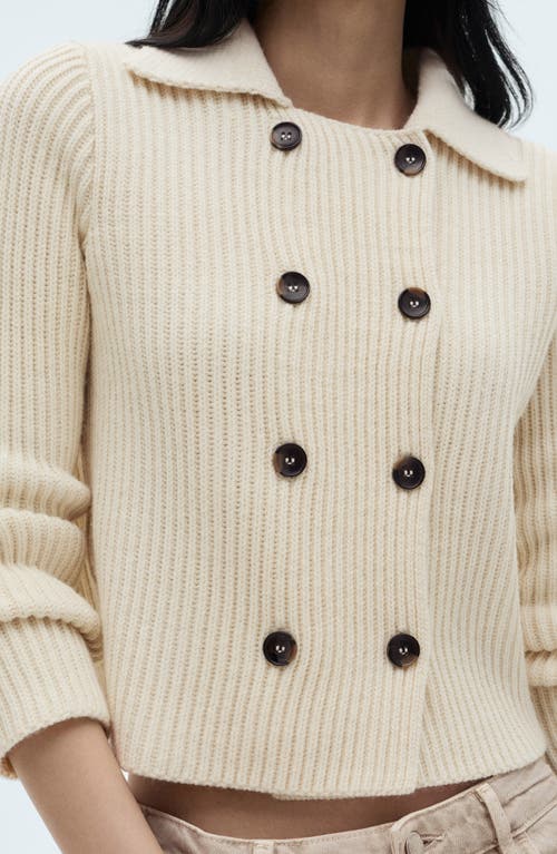 Mango Double Breasted Rib Sweater Jacket In Ecru