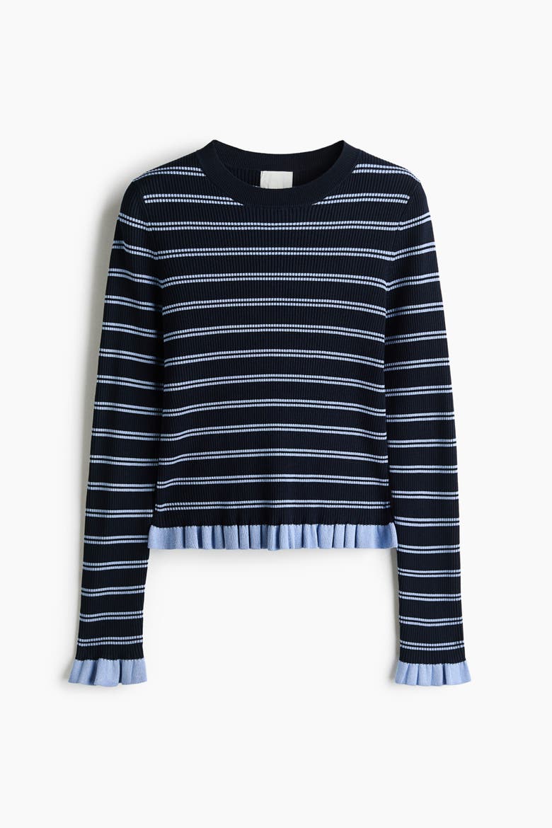 Ruffle-trimmed Rib-knit Top, Main, color, Navy blue/striped