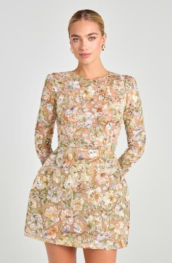 Bethany Beaded Floral Embroidery Long Sleeve Cocktail Minidress