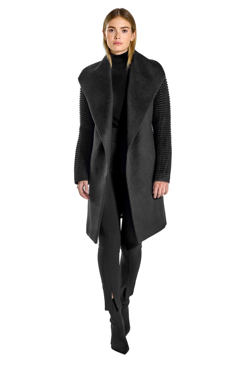 Rib Sleeve Alpaca & Wool Wrap Coat, Alternate, color, BLACK