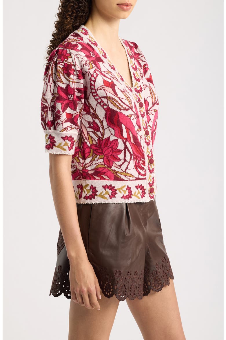 Stained Glass Print Button-Up Cardigan, Alternate, color, STAINED GLASS RED