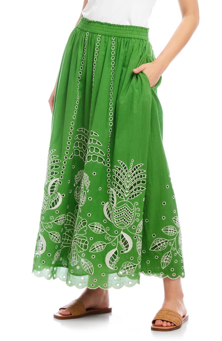 Karen Kane Cutout Embroidered Cotton Maxi Skirt, Alternate, color, Green