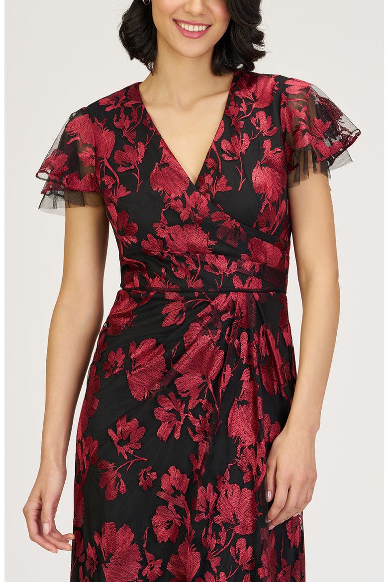 Fauna Floral Embroidered Flutter Sleeve Gown, Alternate, color, RED/ BLACK