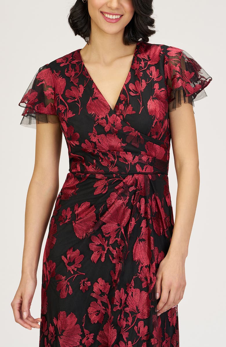 JS Collections Fauna Floral Embroidered Flutter Sleeve Gown, Alternate, color, Red/ Black