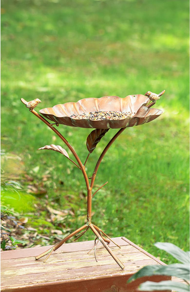 Glitzhome 19.5"H Multifunctional 2-in-1 Metal Faux Copper Patina Finish Birdfeeder, Alternate, color, Gold