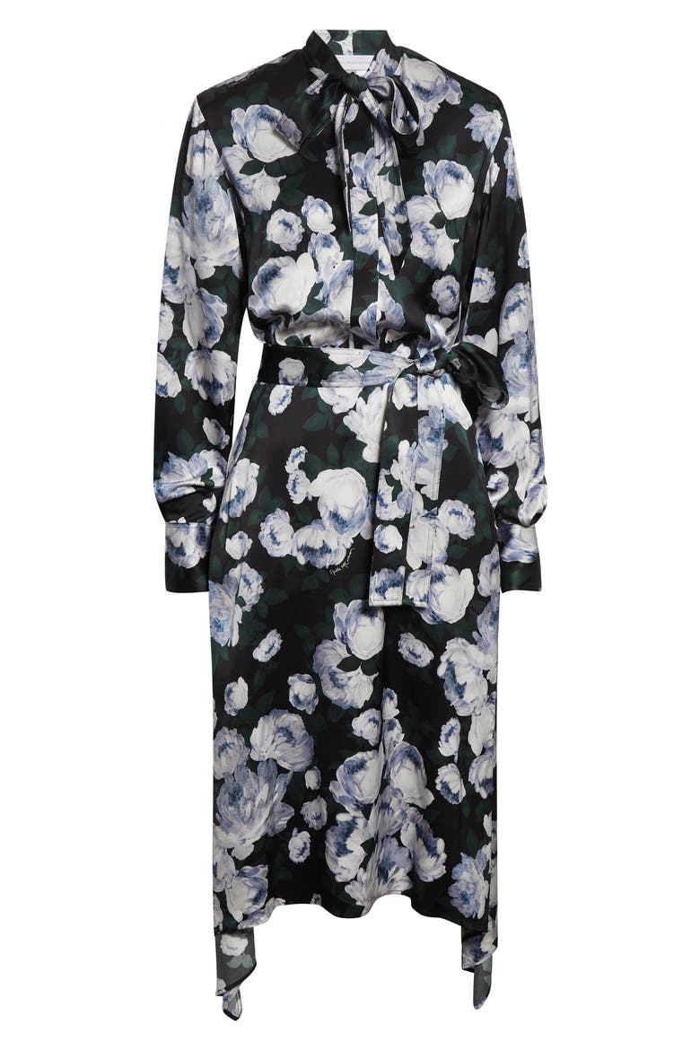 Bunch of Roses Long Sleeve Tie Neck Dress, Alternate, color, BLACK MULTI