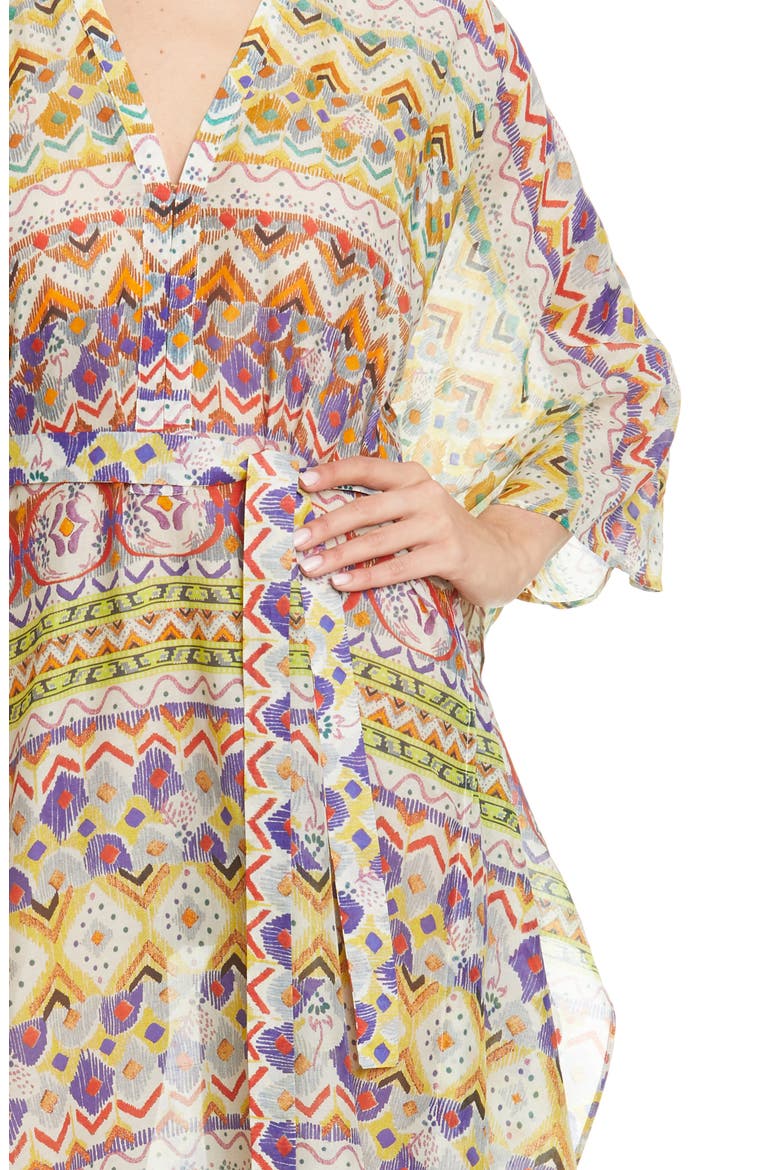 Geo Print Cotton & Silk Caftan Dress, Alternate, color, BEIGE