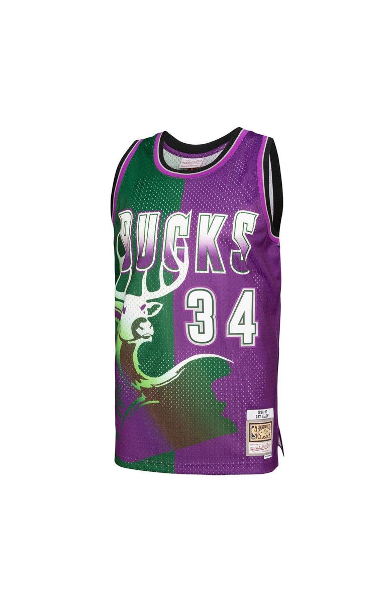 Mitchell & Ness Men's Mitchell & Ness Ray Allen Green/Purple Milwaukee Bucks Hardwood Classics 1996/97 Split Swingman Jersey, Alternate, color, 