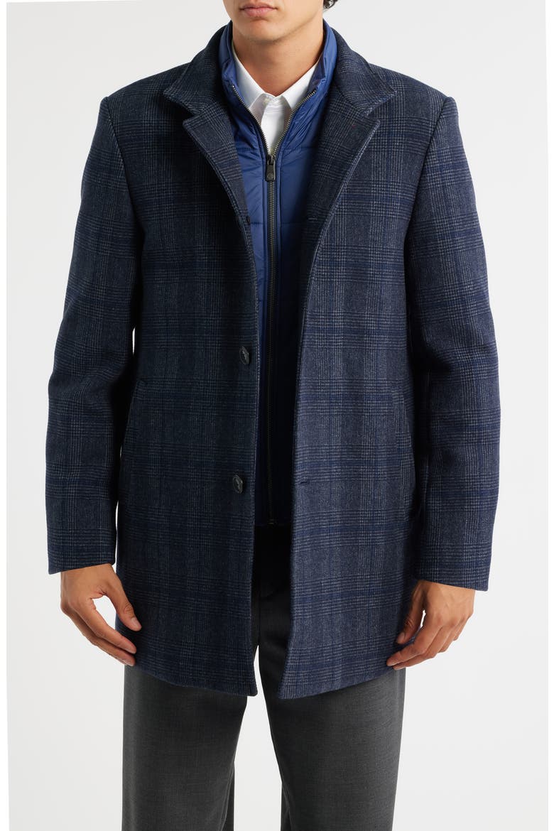 Mason Plaid Wool Blend Overcoat with Quilted Bib, Main, color, NAVY PLAID