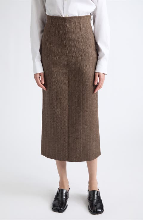 Herringbone Virgin Wool Midi Skirt