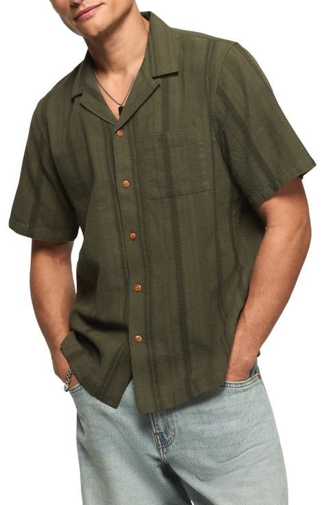 Slub Knit Short Sleeve Cotton Blend Button-Up Shirt