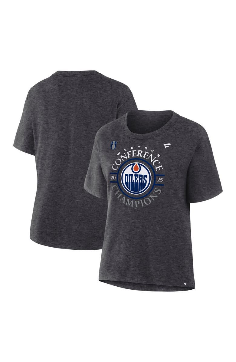 FANATICS Women's Fanatics Heather Charcoal Edmonton Oilers 2025 Western Conference Champions Locker Room T-Shirt, Main, color,