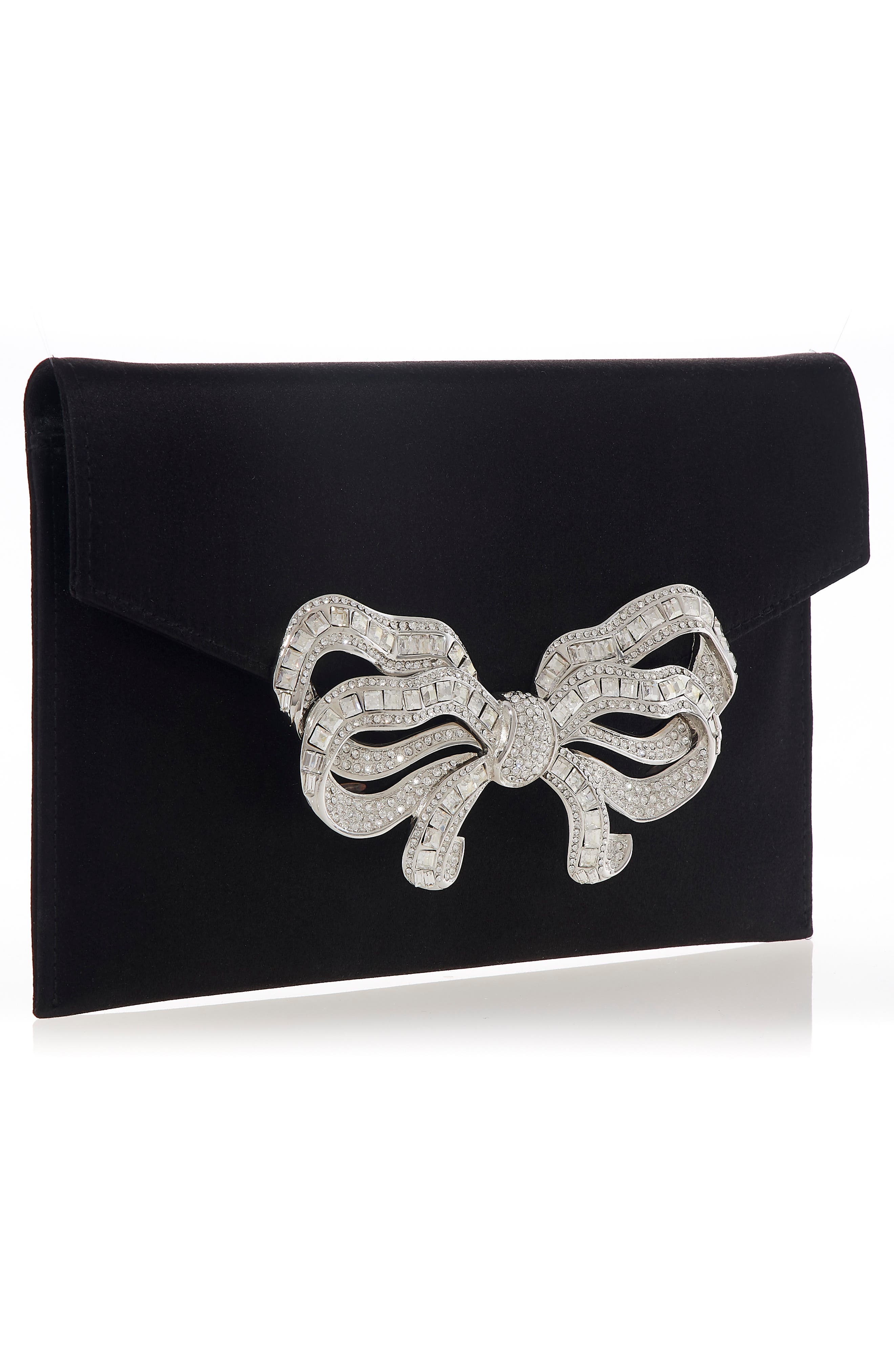 JUDITH LEIBER COUTURE Crystal Bow Satin Envelope Clutch, Alternate, color, 