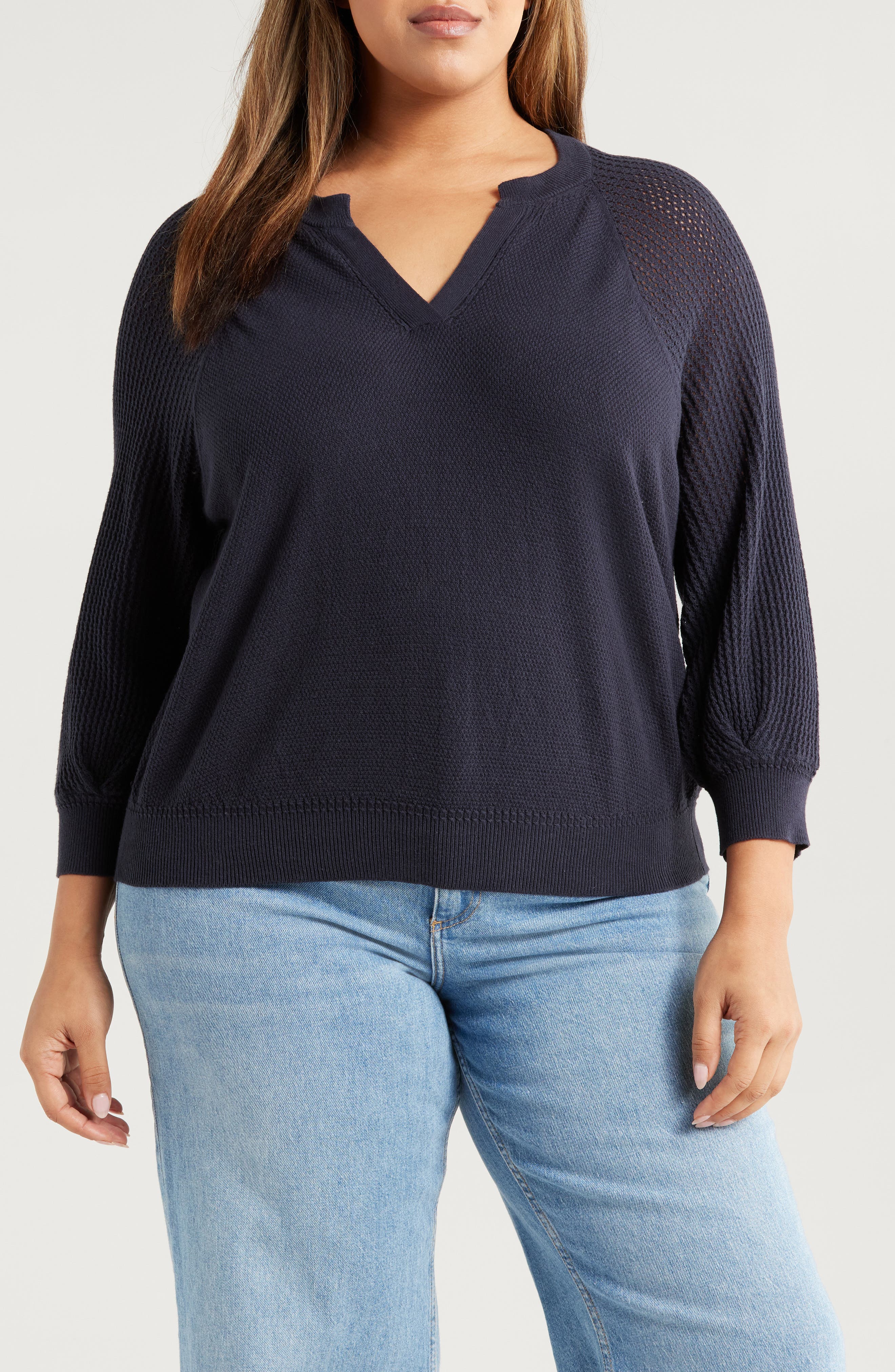 Mixed Stitch Split Neck Sweater