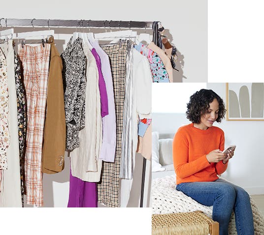 A rack of clothes; a woman looking at her phone; a styling expert helping a customer.