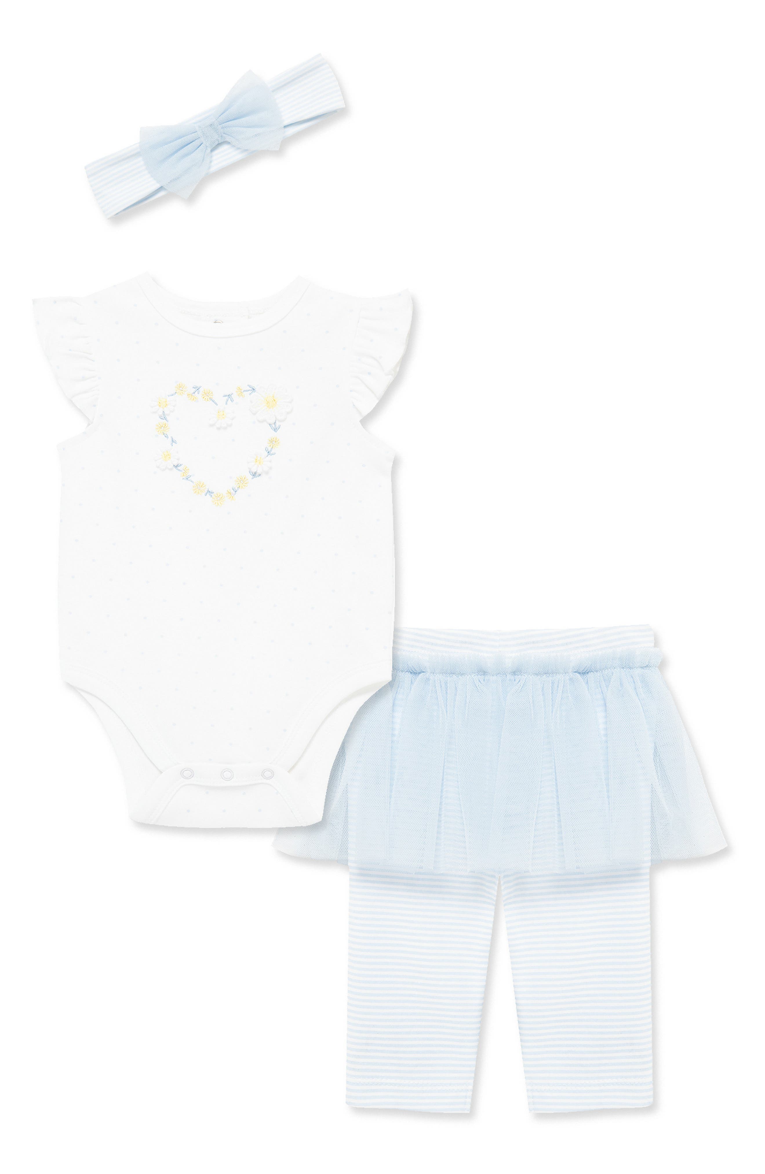 Little Me Daisies Bodysuit, Skirted Leggings & Headband Set