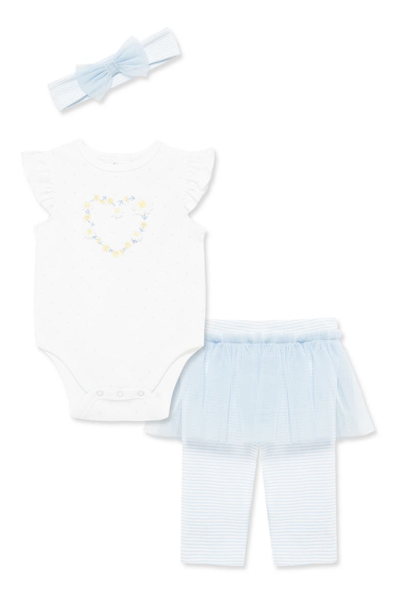 Daisies Bodysuit, Skirted Leggings & Headband Set, Main, color, WHITE/ BLUE