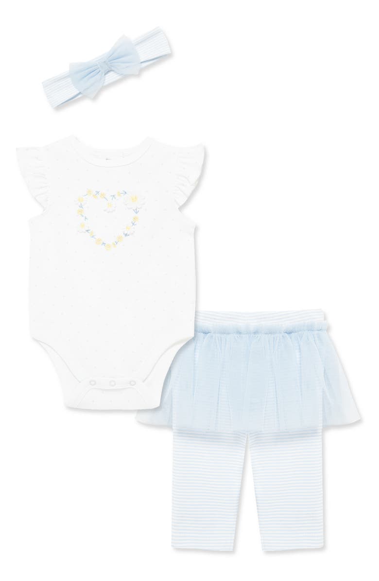 Little Me Daisies Bodysuit, Skirted Leggings & Headband Set, Main, color,