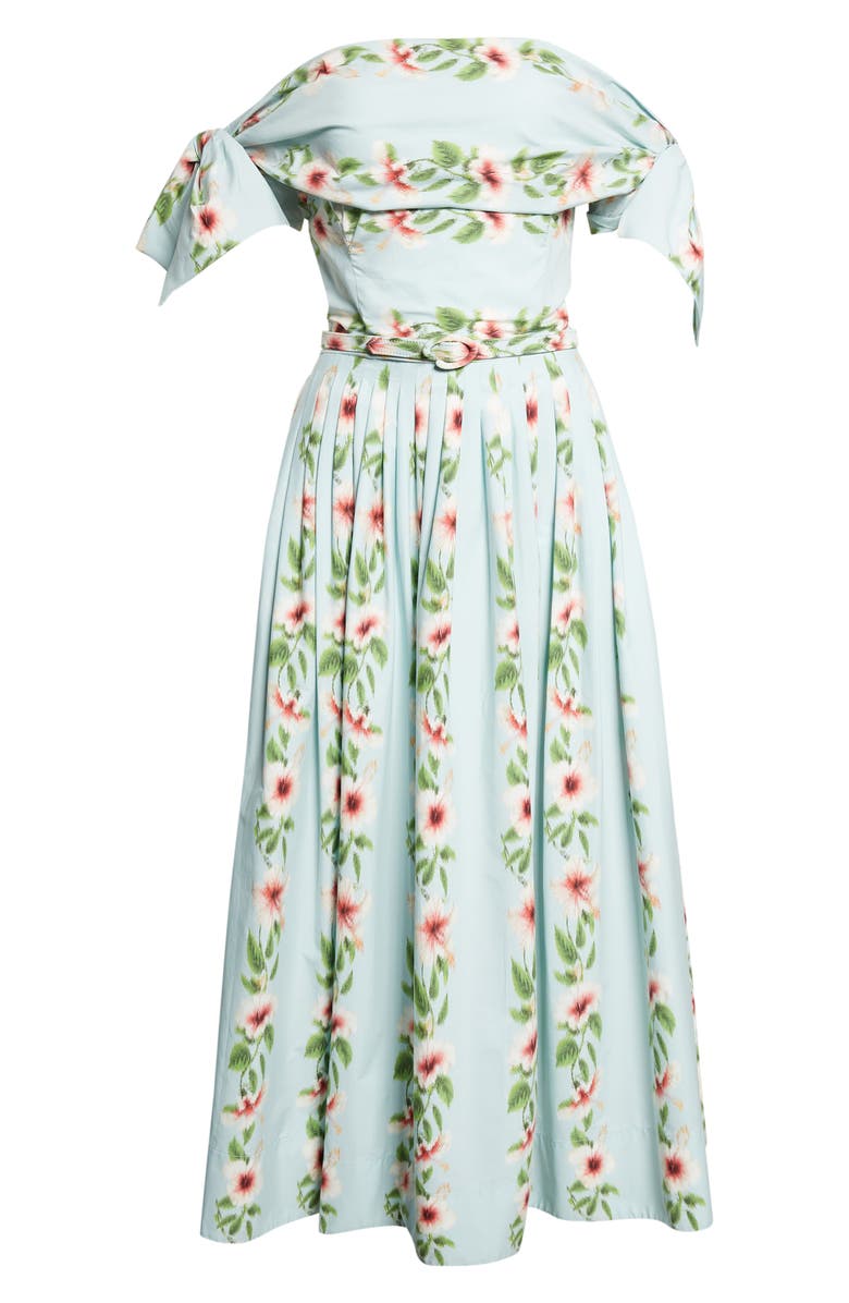 Oscar de la Renta Hibiscus Stripes Cotton Stretch Poplin Midi Dress, Alternate, color, Saltwater