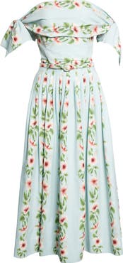 Oscar de la Renta Hibiscus Stripes Cotton Stretch Poplin Midi Dress