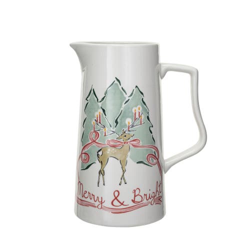 2 Quart Stoneware Pitcher with Reindeer, Multicolor