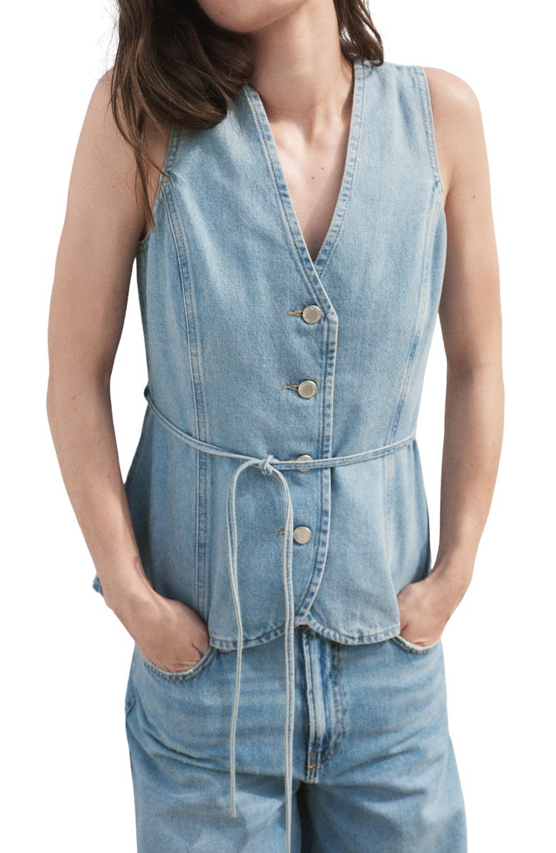 MANGO Belted Denim Vest, Main, color, Medium Blue