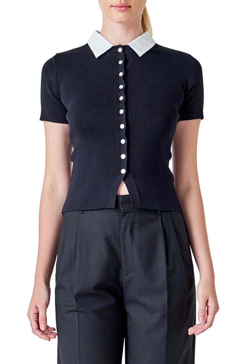 Contrast Collar Button Front Knit Top, Main, color, BLACK/IVORY