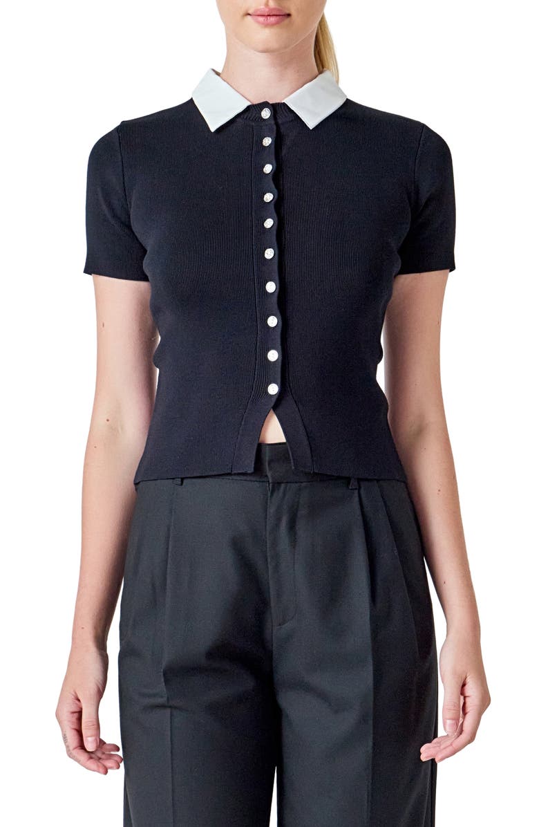 Endless Rose Contrast Collar Button Front Knit Top, Main, color, Black/ Ivory