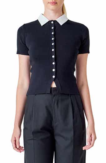Contrast Collar Button Front Knit Top