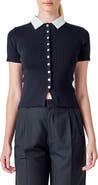 Endless Rose Contrast Collar Button Front Knit Top