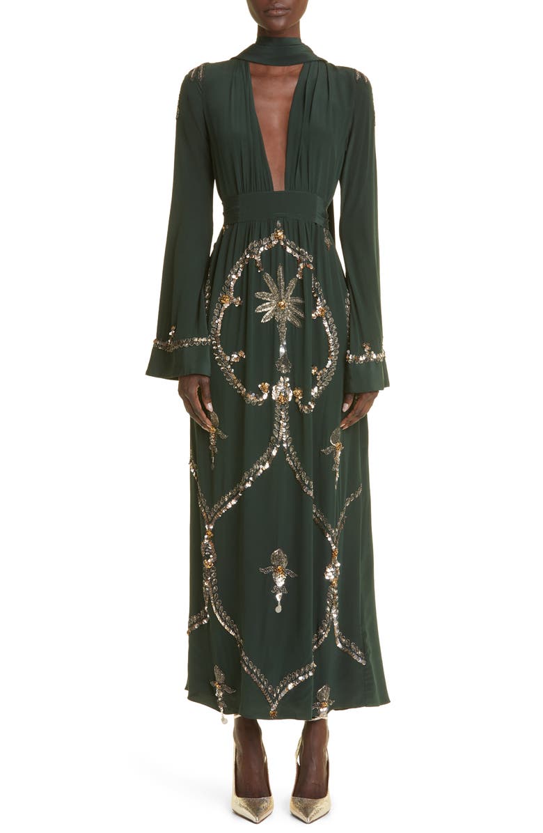 Johanna Ortiz Artistic Lifestyle Beaded Long Sleeve Silk Maxi Dress, Main, color, 