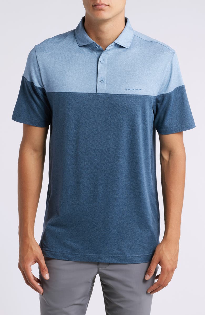 TravisMathew Heater Pro Colorblock Performance Golf Polo, Main, color, Dark Teal