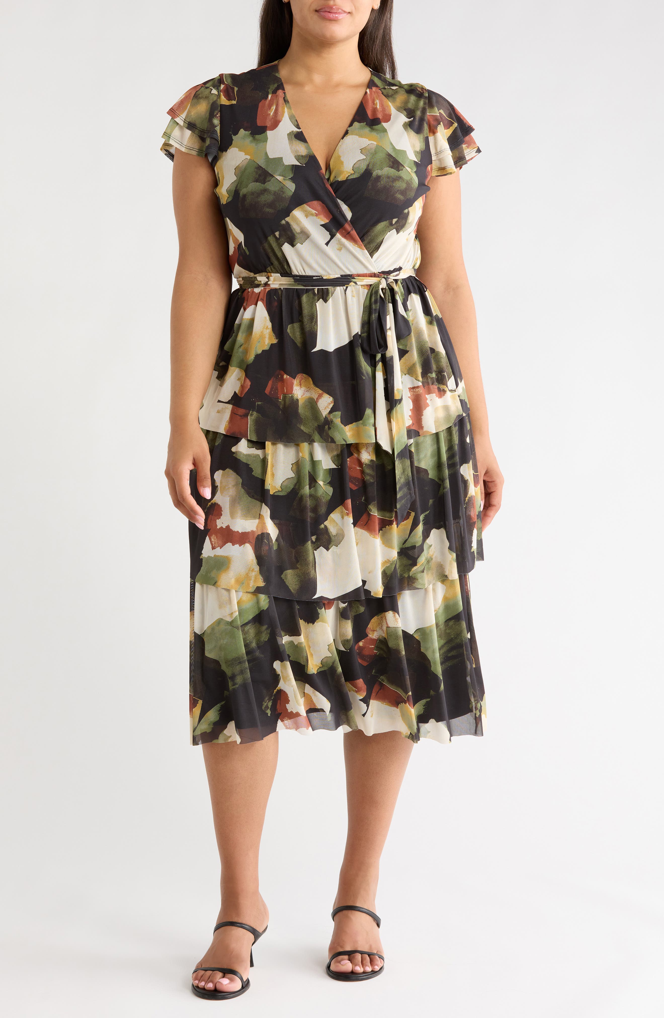 Flutter Sleeve Tiered Midi Dress