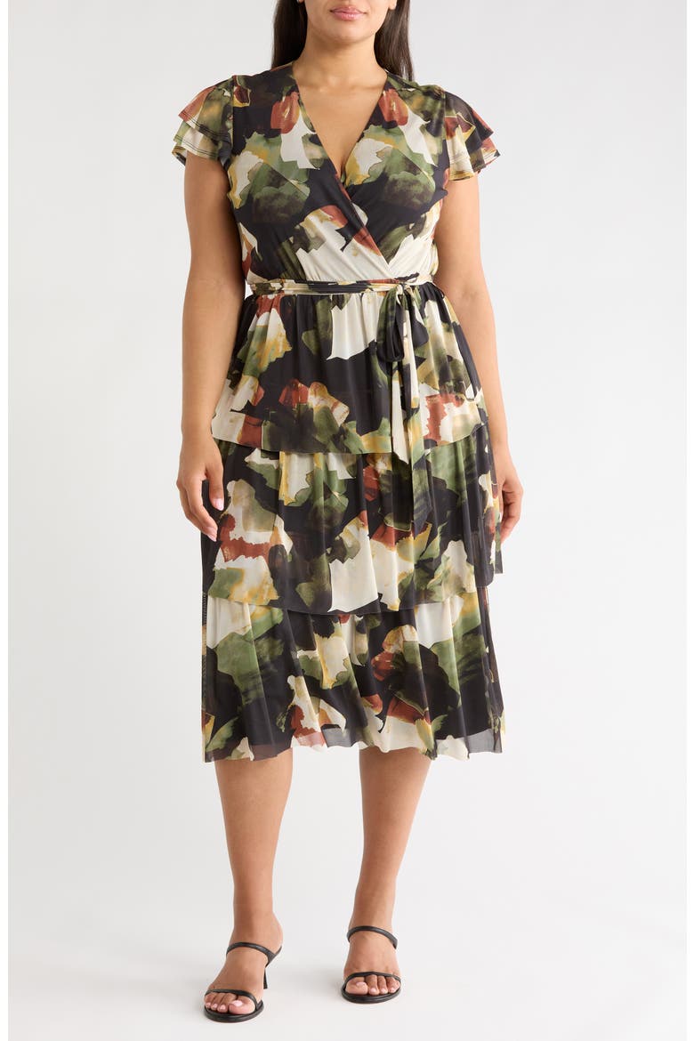 Flutter Sleeve Tiered Midi Dress, Main, color, LG ABSTRACT FRESCO X