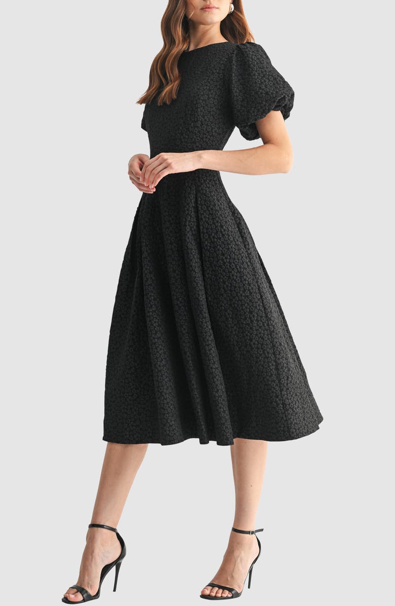 Mila Mae Textured Bubble Sleeve Fit and Flare Dress, Alternate, color, Black