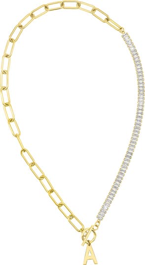 Initial Pendant Half Crystal Half Paper Clip Chain Necklace