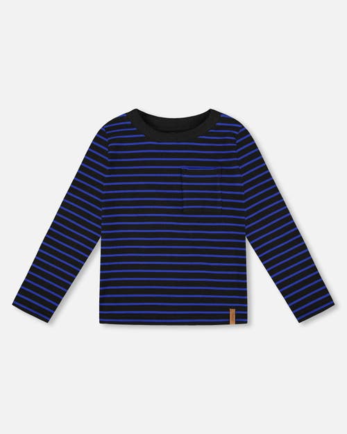 Deux Par Deux Long Sleeve Brushed Jersey Striped Tee In Blue