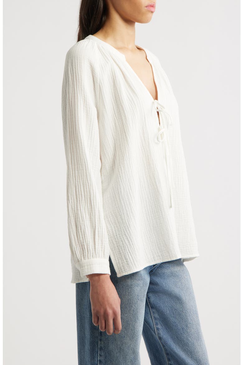 Brielle Organic Cotton Gauze Tie Neck Top, Alternate, color, WHITE