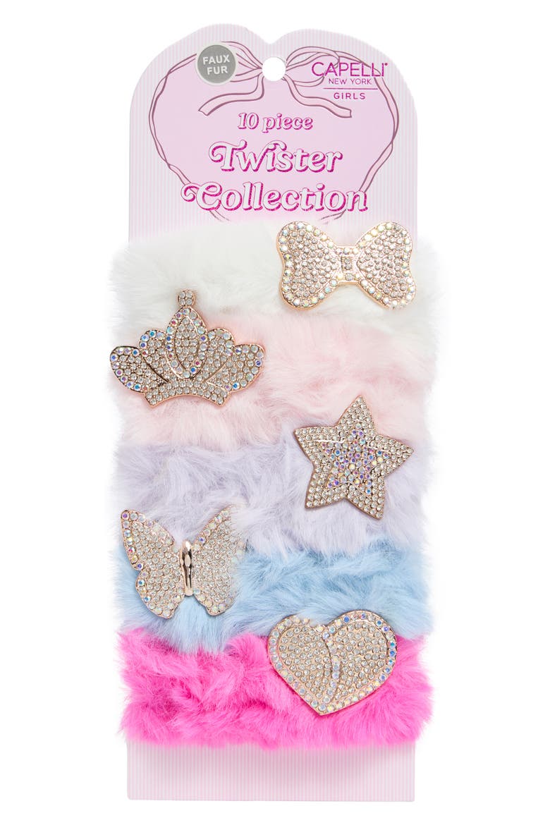Kids' Set of 10 Assorted Embellished Fuzzy Scrunchies, Main, color, FUCHSIA