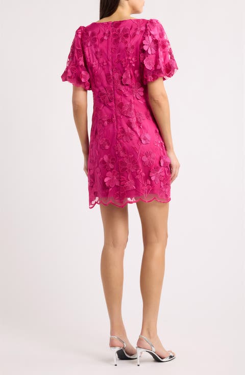 Embroidered Puff Sleeve Shift Minidress