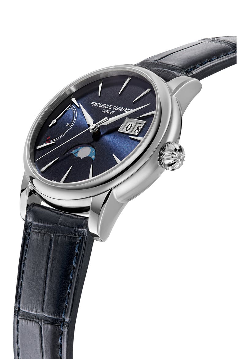 Classic Manufacture Blue Power Reserve Big Date Automatic Leather Strap Watch, 40mm, Alternate, color, SILVER-TONE