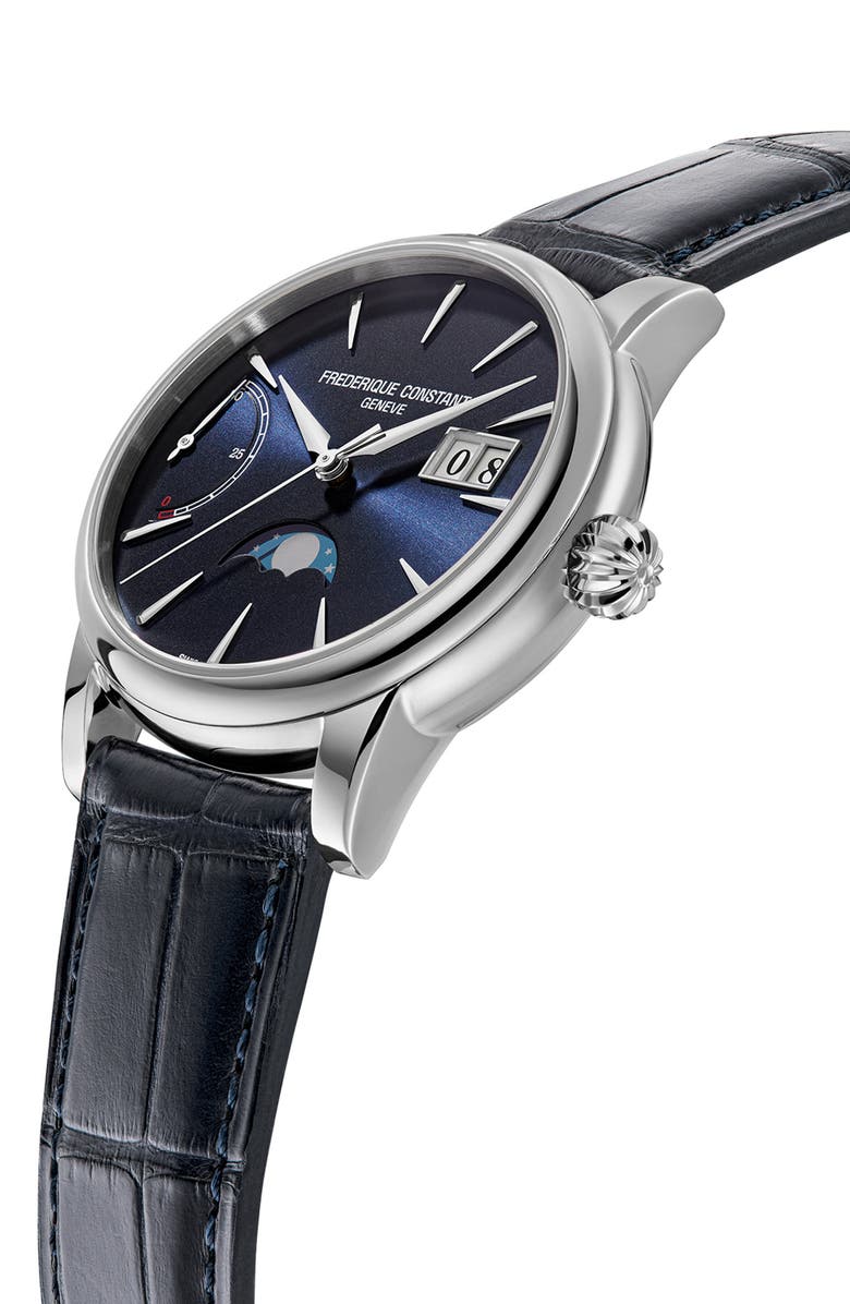 FREDERIQUE CONSTANT Classic Manufacture Blue Power Reserve Big Date Automatic Leather Strap Watch, 40mm, Alternate, color, Silver-Tone