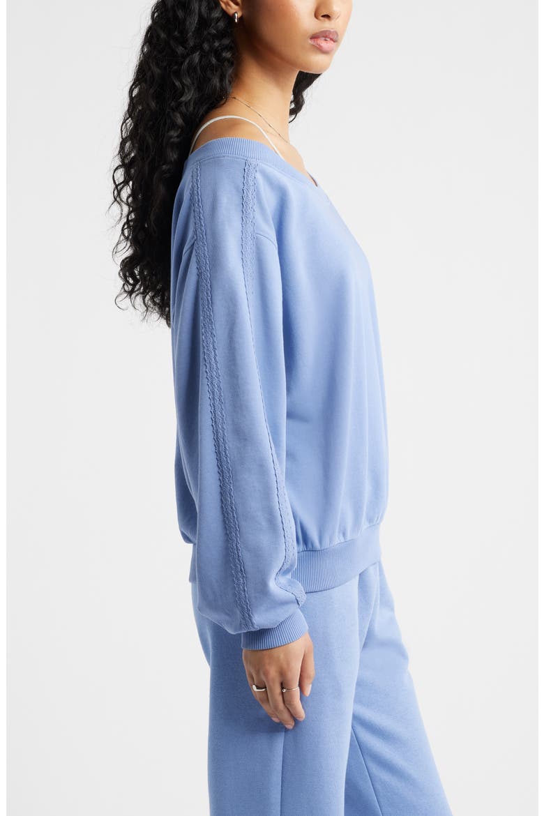 Lace Trim Off the Shoulder Cotton Blend Sweatshirt, Alternate, color, BLUE FROST