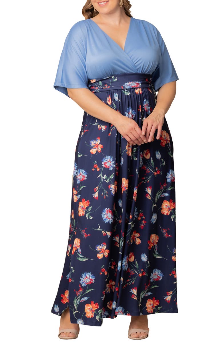 Kiyonna Havana Mixed Media Floral Maxi Dress, Main, color, Vibrant Navy Florals